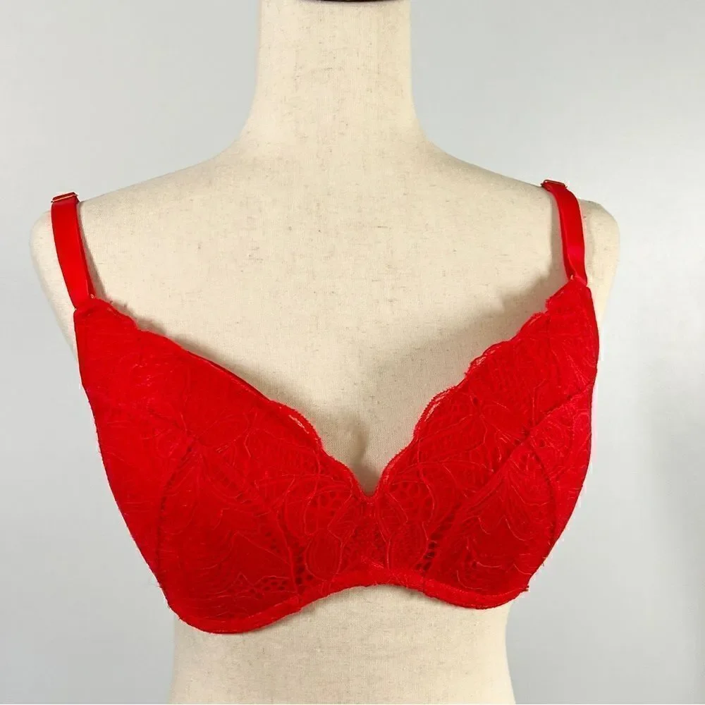 Lively Scalloped Lace No-Wire Push-Up Convertible Bra Tomato Red 34DDD